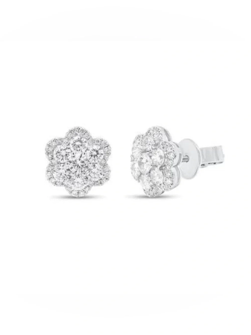 Diamond Cluster Flower Stud Earrings in White Gold
